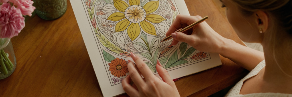 Woman coloring a coloring book PDF page