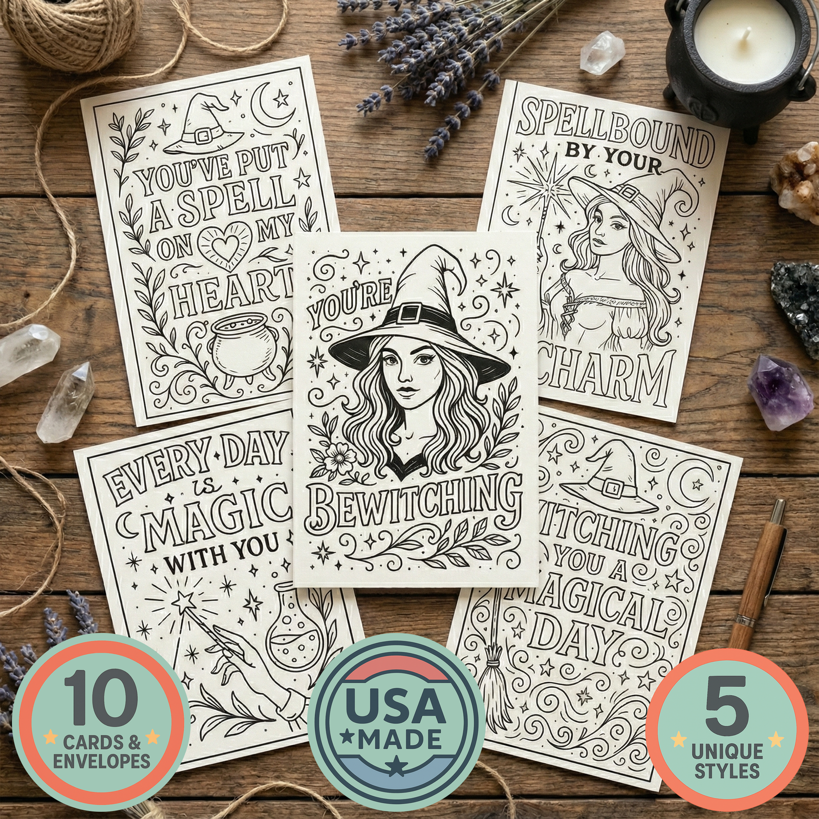 witch pagan colorable greeting card set